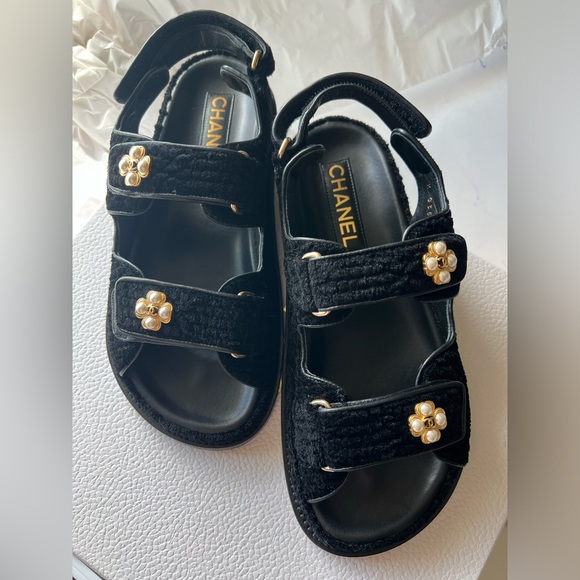 Chanel black tweed sandals - Picture 1 of 9